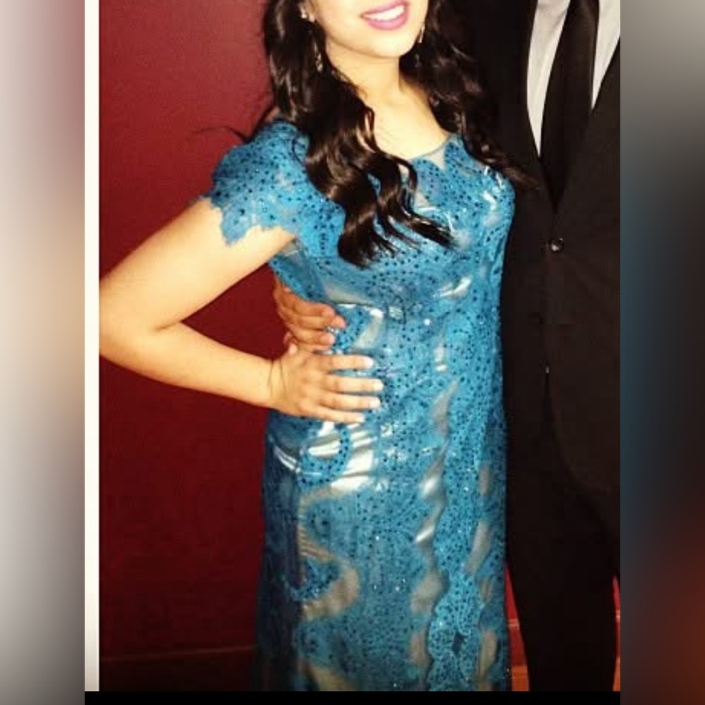 Morrell Maxie Blue Sequin Gown Cap Sleeve